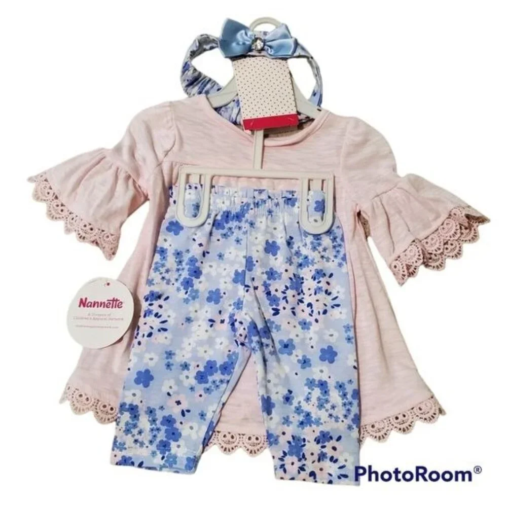 Nannette Kids 12 Months baby girl set Pink blouse & blue,floral blue legging new